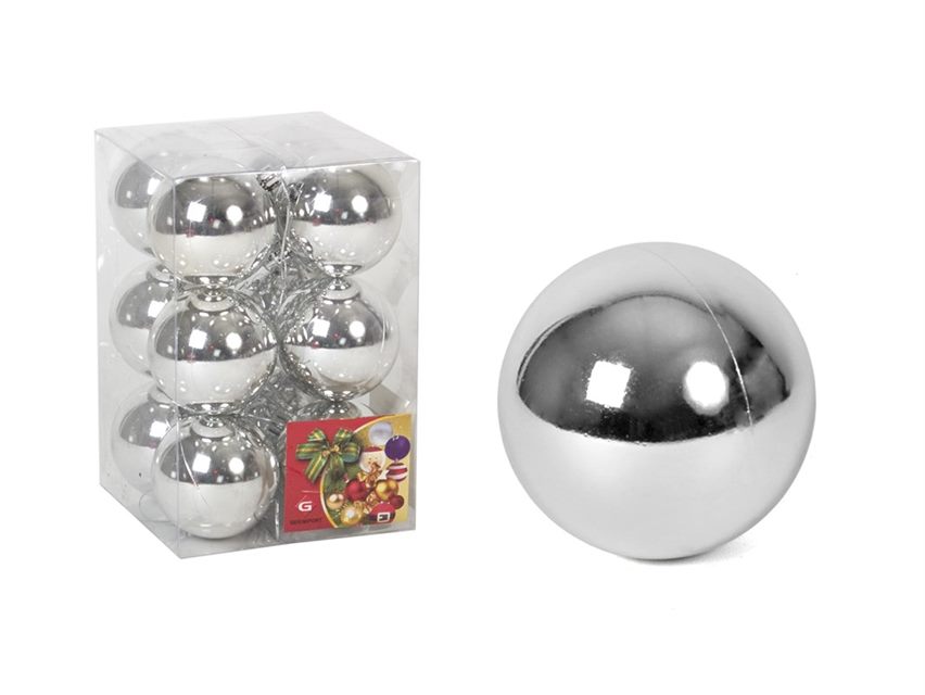 CAJA 12 BOLAS PLATA BRILLO 6 CM