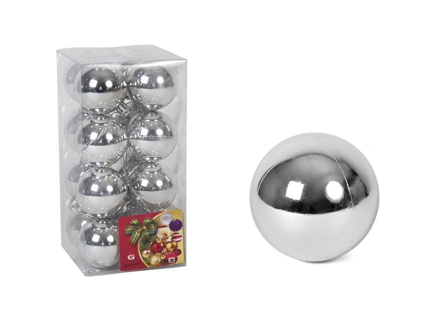 CAJA 16 BOLAS PLATA BRILLO 5 CM