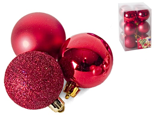 [109123G] SET 12 BOLAS DE NAVIDAD ROJAS 6CM 3 SURT