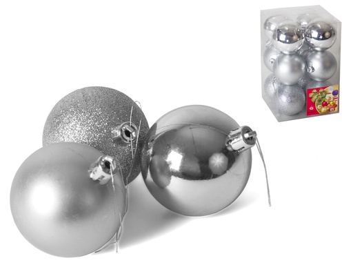 [134965G] SET 12 BOLAS DE NAVIDAD PLATA 6CM 3 SURT